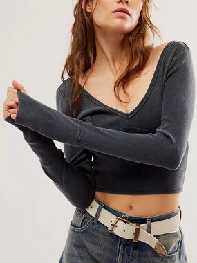 NWOT Free People Lightning Black V-Neck Long Sleeve Crop Top